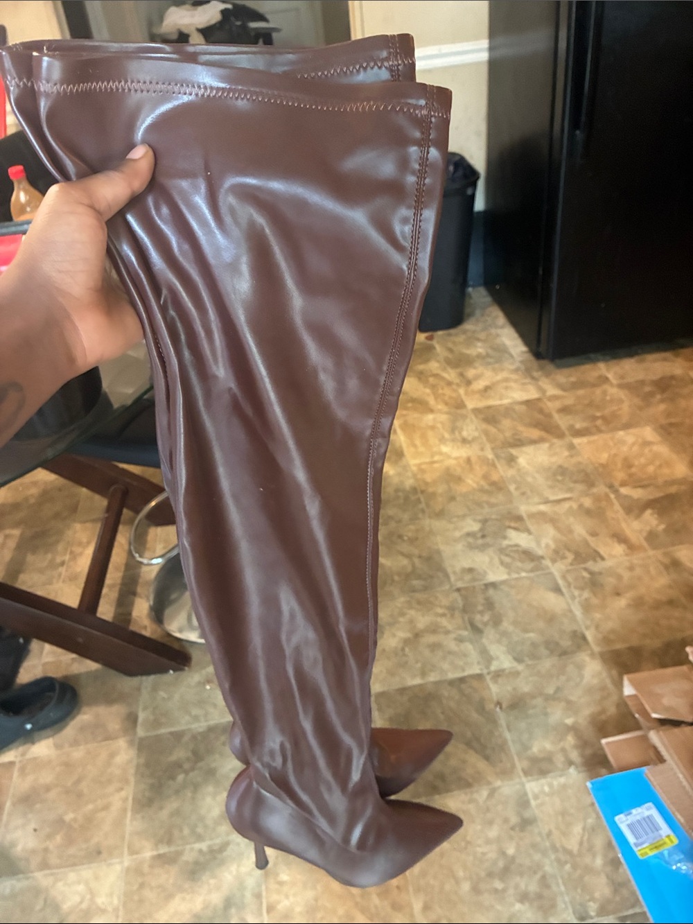 Over-the-Knee Pointed-Toe Heeled Pants - Brown